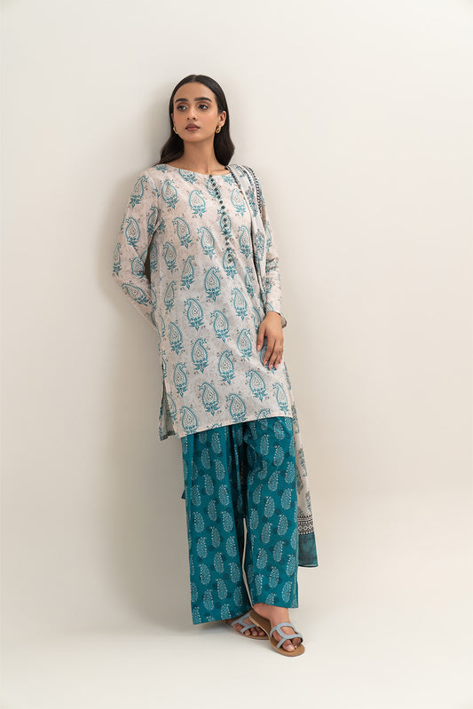 3 PIECE PRINTED LAWN SUIT-BEIGE VERVE (UNSTITCHED)