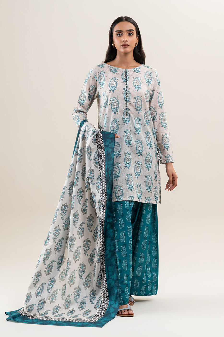 3 PIECE PRINTED LAWN SUIT-BEIGE VERVE (UNSTITCHED)