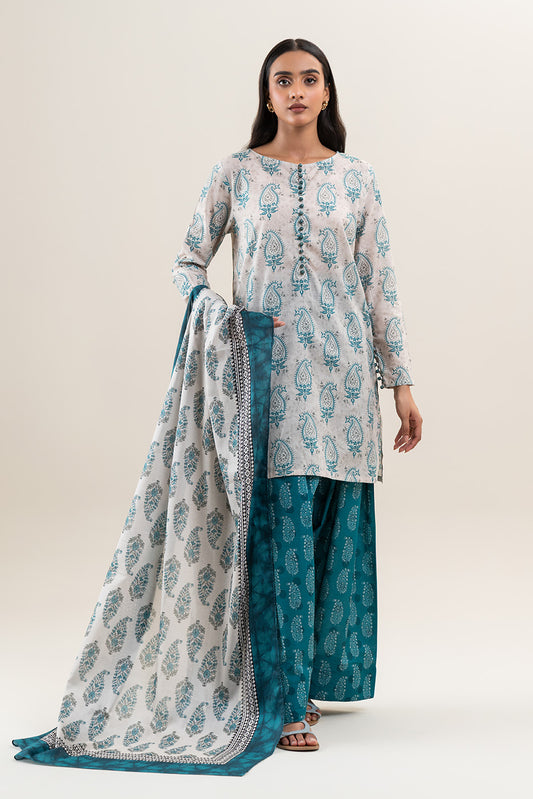 3 PIECE PRINTED LAWN SUIT-BEIGE VERVE (UNSTITCHED)
