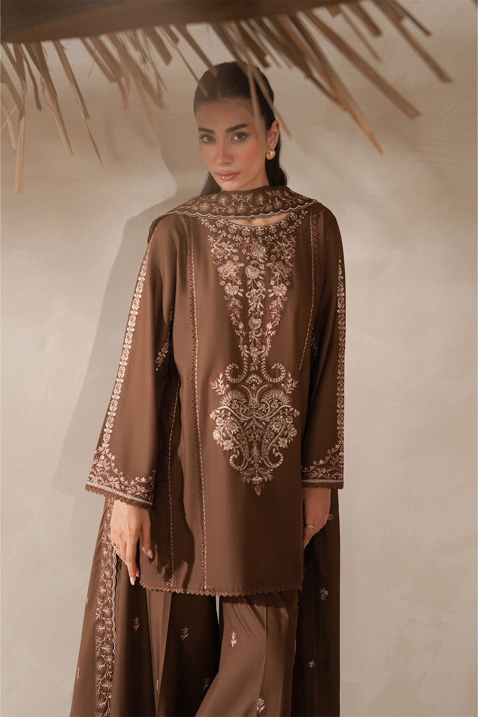 3 PIECE EMBROIDERED LAWN SUIT-RUSTIC BRONZE (UNSTITCHED)