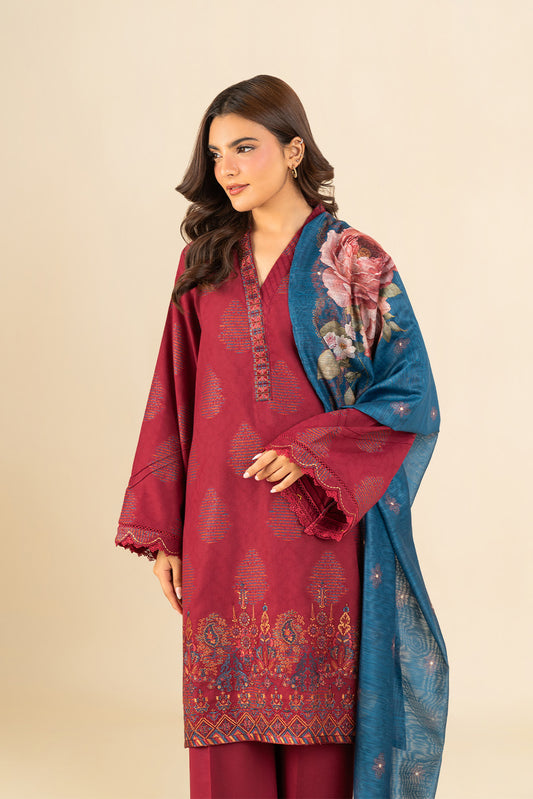 3 PIECE EMBROIDERED  REVERSE JACQUARD SUIT-FUSCHIA DREAM (UNSTITCHED)