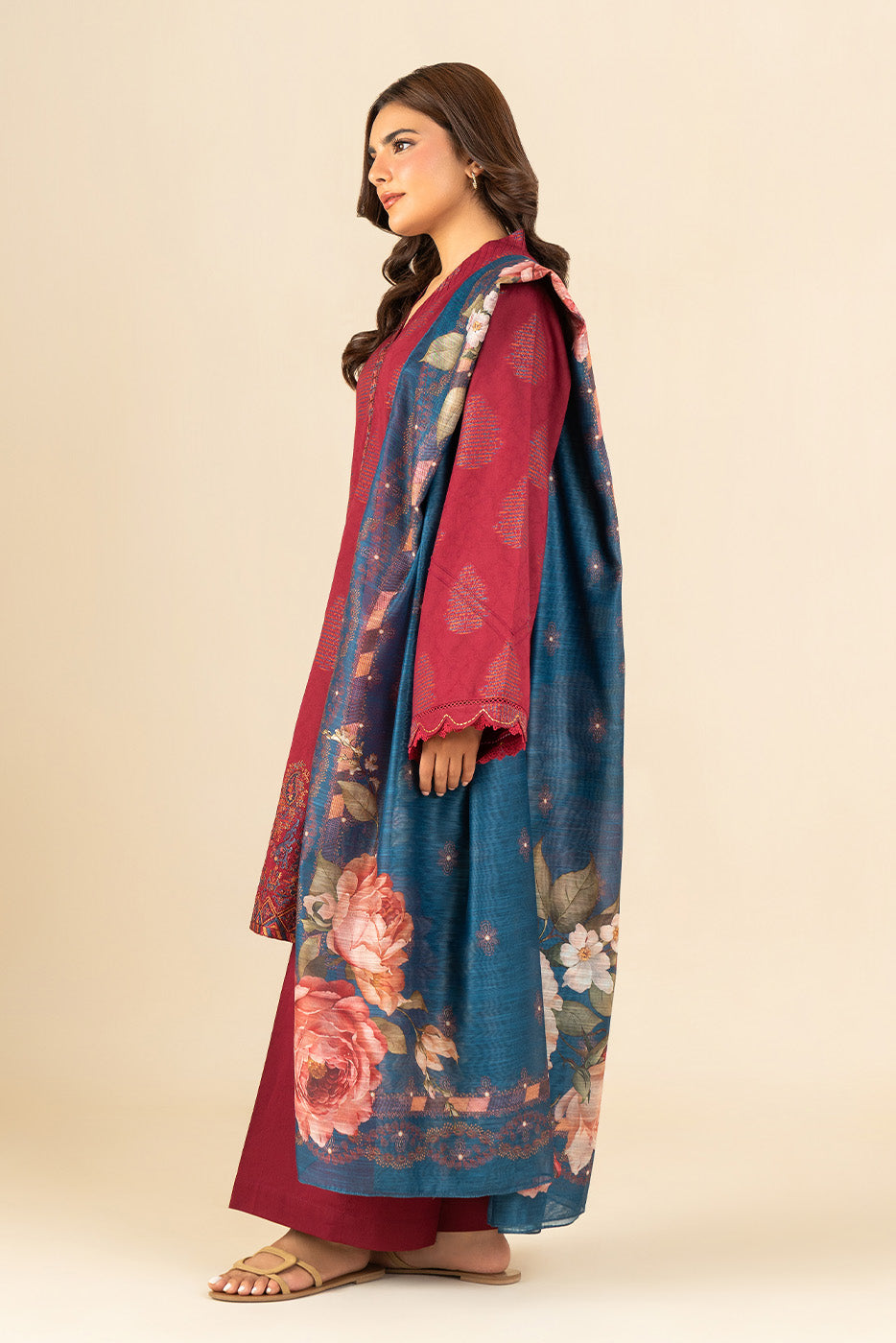 3 PIECE EMBROIDERED  REVERSE JACQUARD SUIT-FUSCHIA DREAM (UNSTITCHED)