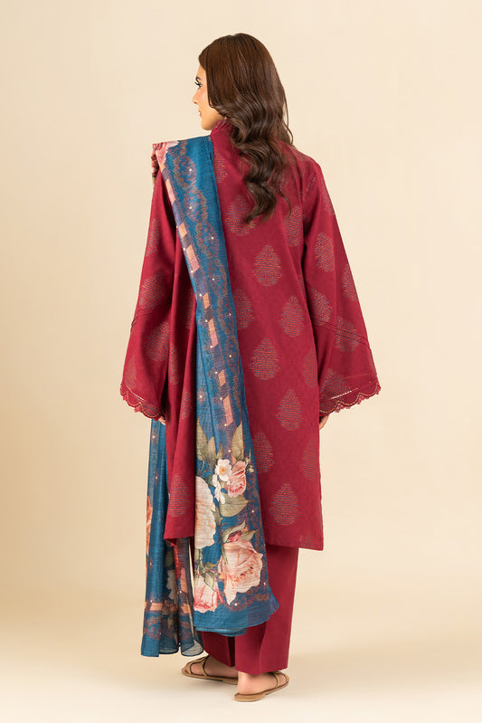 3 PIECE EMBROIDERED  REVERSE JACQUARD SUIT-FUSCHIA DREAM (UNSTITCHED)