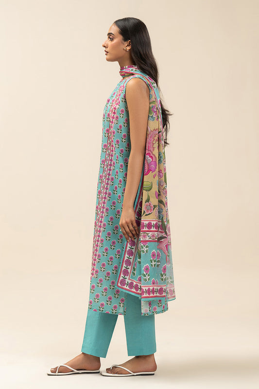 3 PIECE PRINTED LAWN SUIT-CYAN FANTASY (UNSTITCHED)