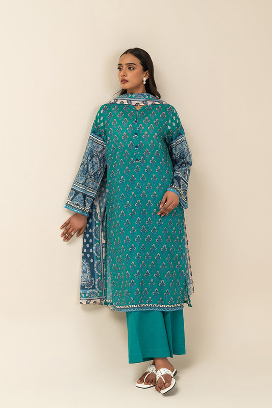 3 PIECE PRINTED LAWN SUIT-GYPSY TEAL (UNSTITCHED)