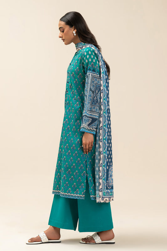 3 PIECE PRINTED LAWN SUIT-GYPSY TEAL (UNSTITCHED)