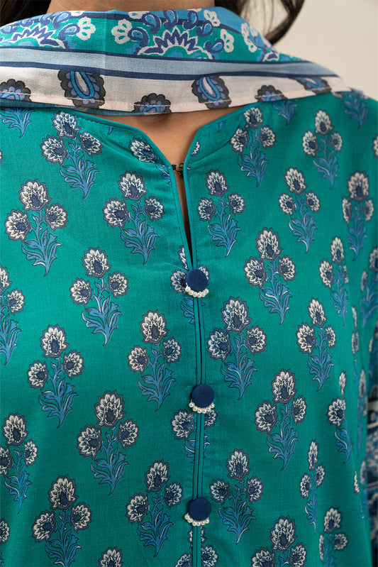 3 PIECE PRINTED LAWN SUIT-GYPSY TEAL (UNSTITCHED)