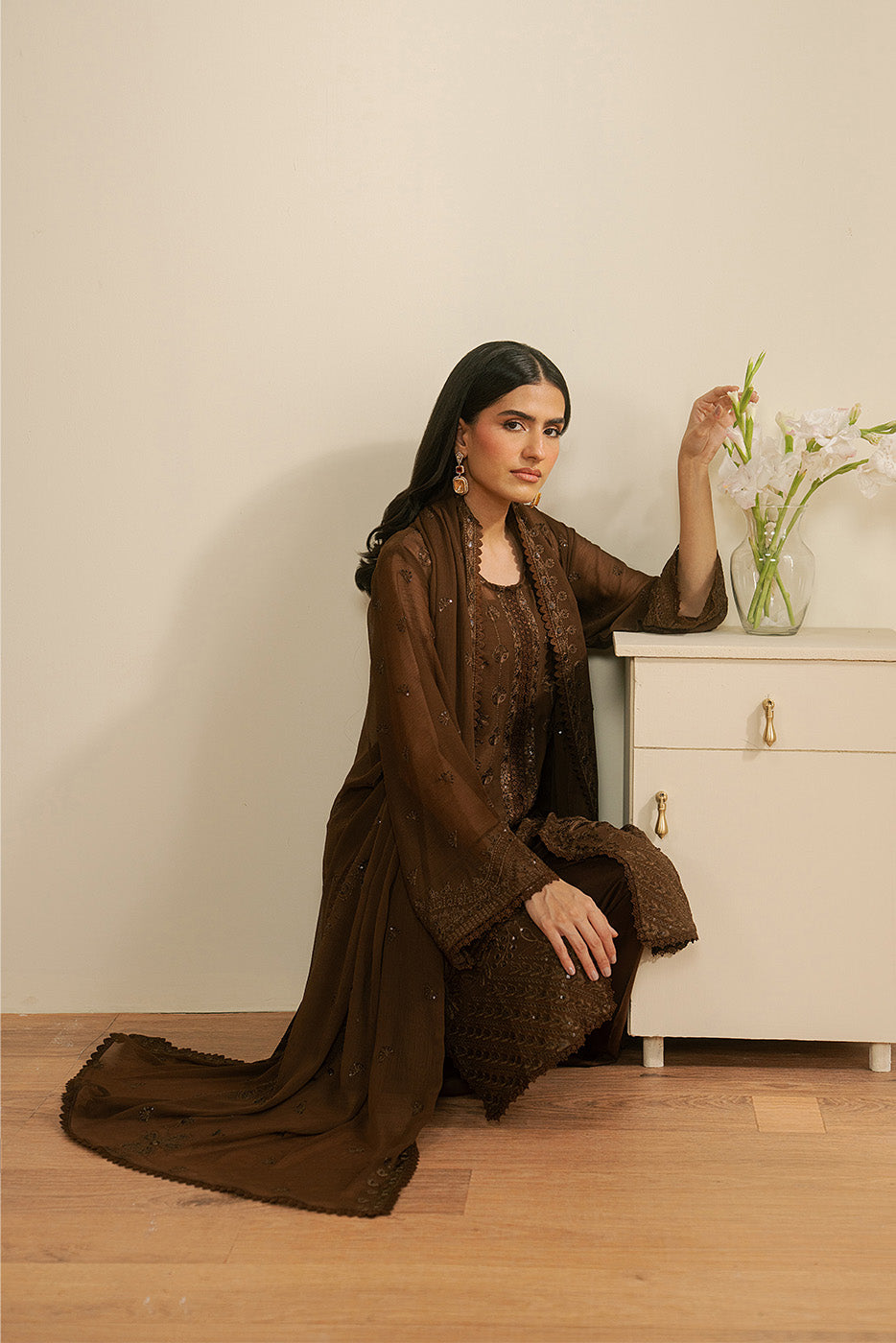 4 PIECE EMBROIDERED CHIFFON SUIT-MOCHA CRÈME (LUXURY UNSTITCHED)