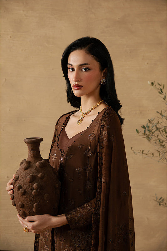 4 PIECE EMBROIDERED CHIFFON SUIT-MOCHA CRÌöME (LUXURY UNSTITCHED)