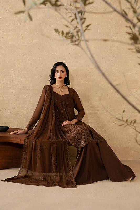 4 PIECE EMBROIDERED CHIFFON SUIT-MOCHA CRÌöME (LUXURY UNSTITCHED)
