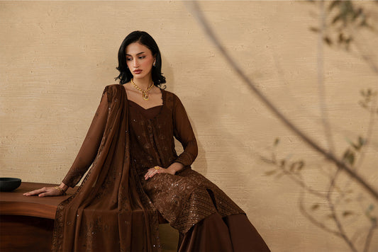4 PIECE EMBROIDERED CHIFFON SUIT-MOCHA CRÌöME (LUXURY UNSTITCHED)