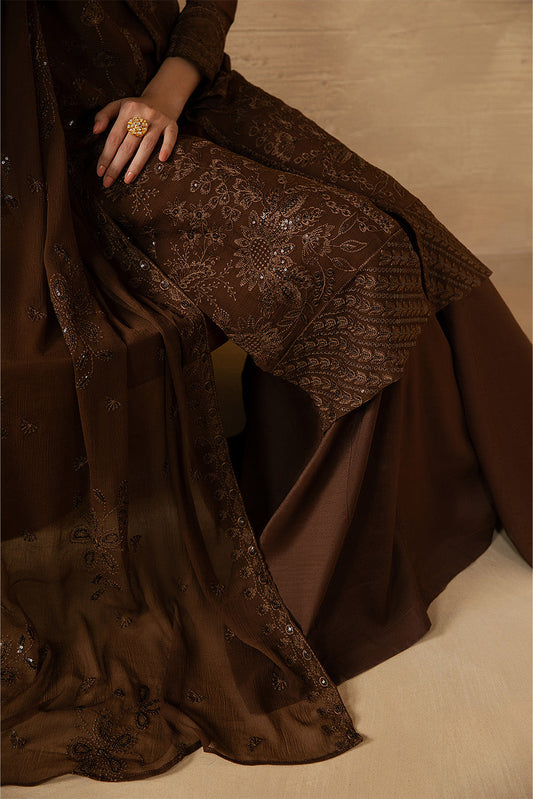 4 PIECE EMBROIDERED CHIFFON SUIT-MOCHA CRÌöME (LUXURY UNSTITCHED)