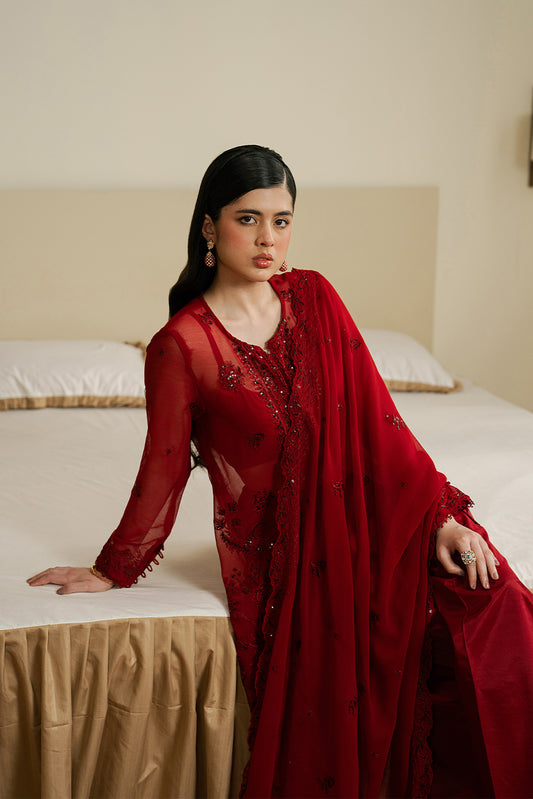 4 PIECE EMBROIDERED CHIFFON SUIT-DEEP INFERNO (LUXURY UNSTITCHED)