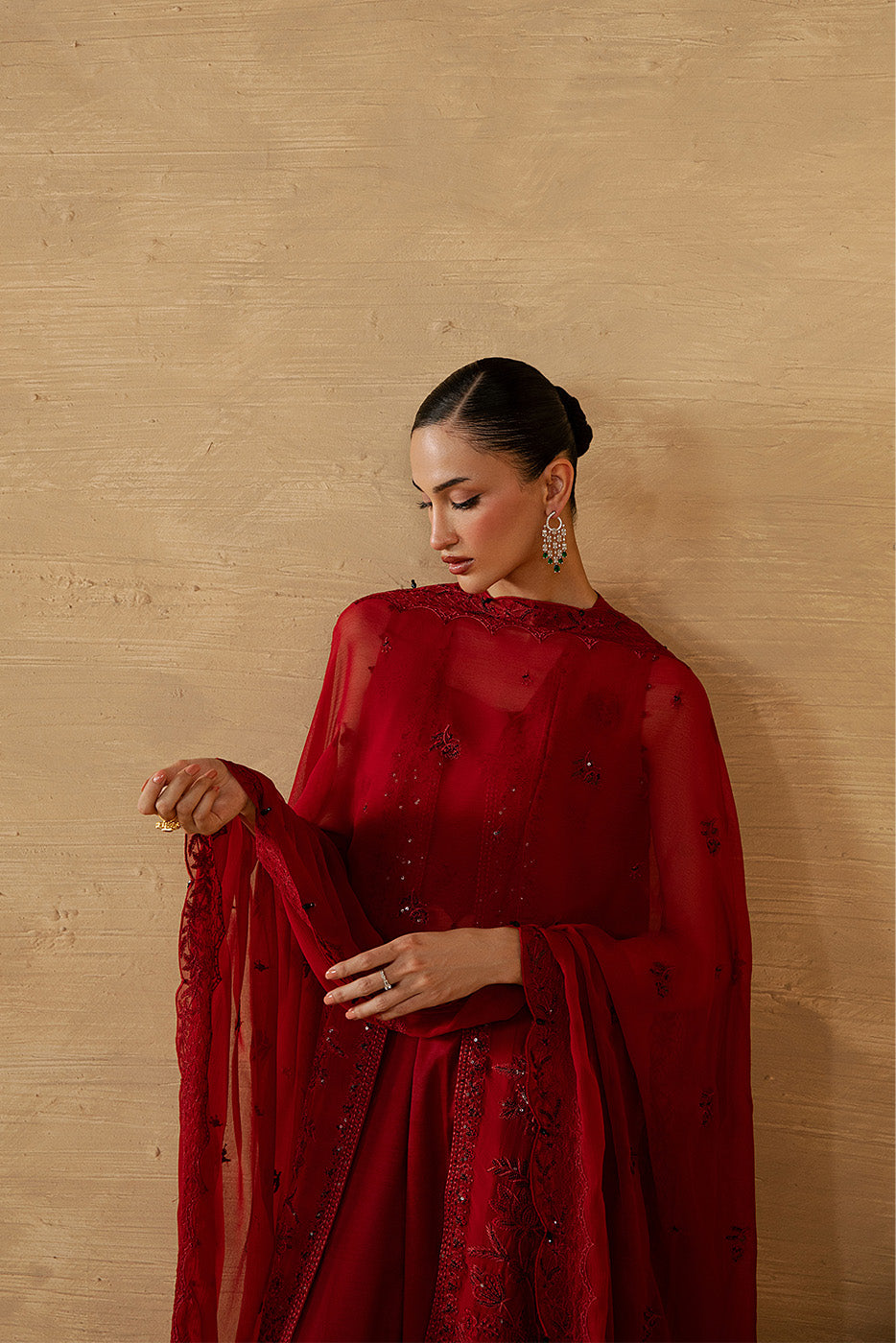 4 PIECE EMBROIDERED CHIFFON SUIT-DEEP INFERNO (LUXURY UNSTITCHED)