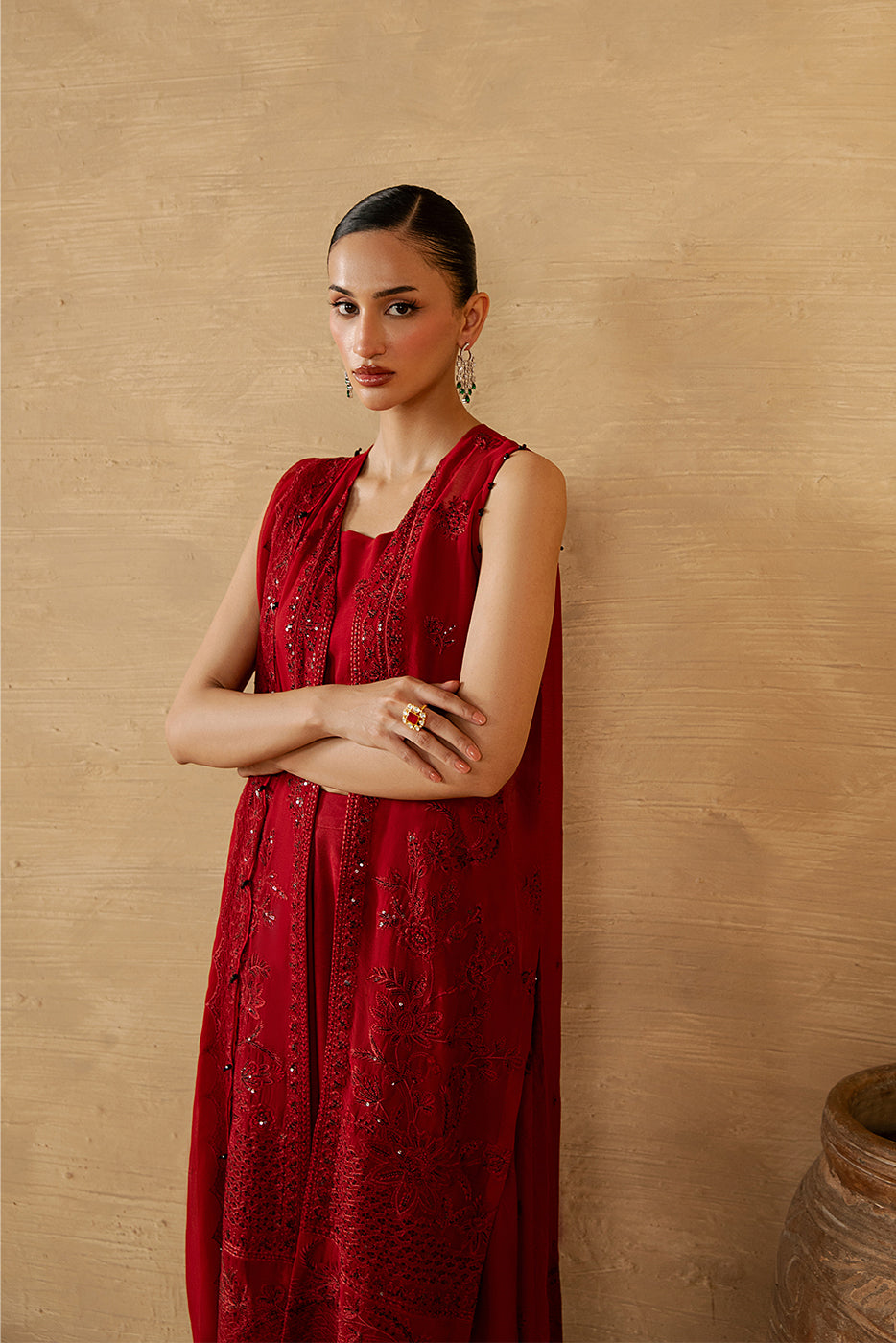 4 PIECE EMBROIDERED CHIFFON SUIT-DEEP INFERNO (LUXURY UNSTITCHED)