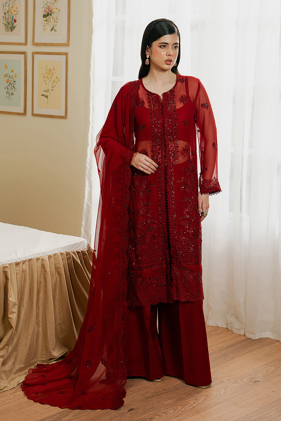 4 PIECE EMBROIDERED CHIFFON SUIT-DEEP INFERNO (LUXURY UNSTITCHED)