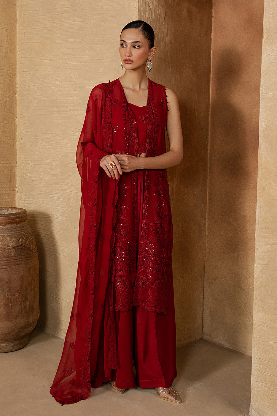 4 PIECE EMBROIDERED CHIFFON SUIT-DEEP INFERNO (LUXURY UNSTITCHED)