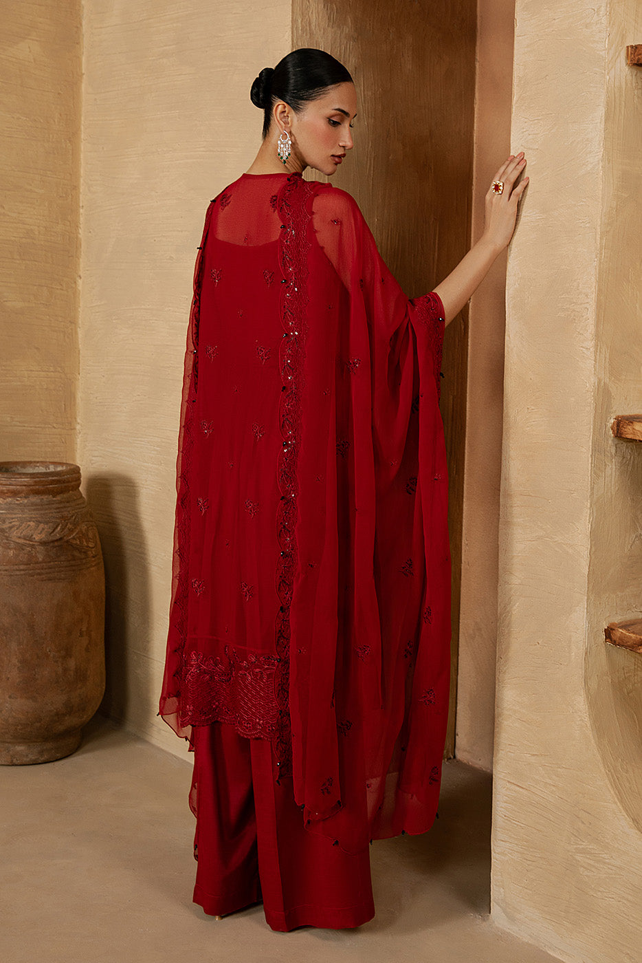 4 PIECE EMBROIDERED CHIFFON SUIT-DEEP INFERNO (LUXURY UNSTITCHED)