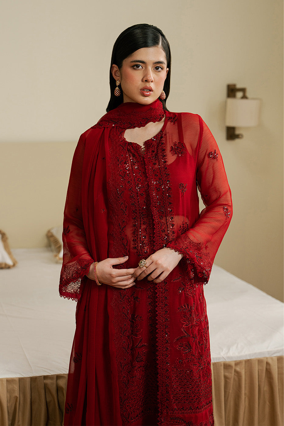 4 PIECE EMBROIDERED CHIFFON SUIT-DEEP INFERNO (LUXURY UNSTITCHED)