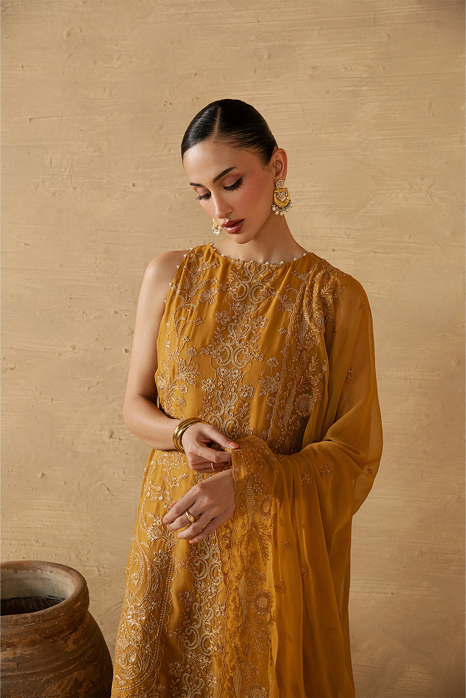 4 PIECE EMBROIDERED CHIFFON SUIT-GOLD SECRET (LUXURY UNSTITCHED)