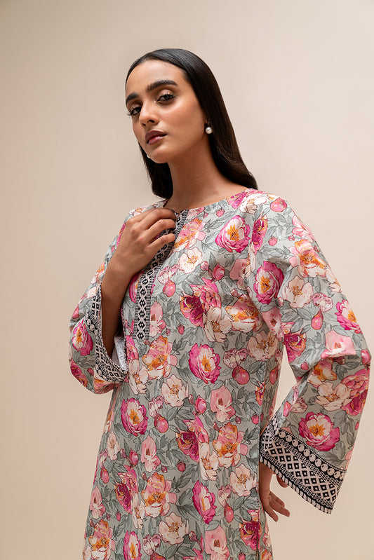 2 PIECE PRINTED LINEN SUIT-AQUA ROSE (UNSTITCHED)