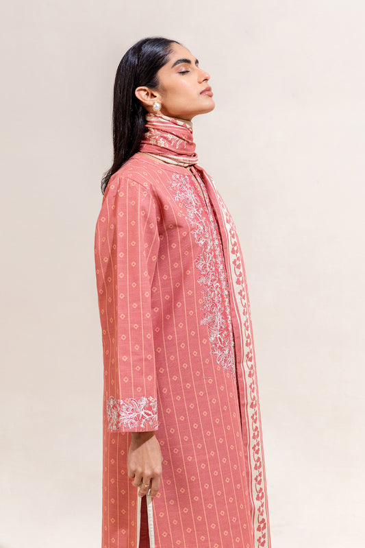 3 PIECE EMBROIDERED KHADDAR SUIT-CORAL CREPE (UNSTITCHED)