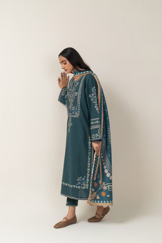 3 PIECE EMBROIDERED SLUB KHADDAR SUIT (PRET)