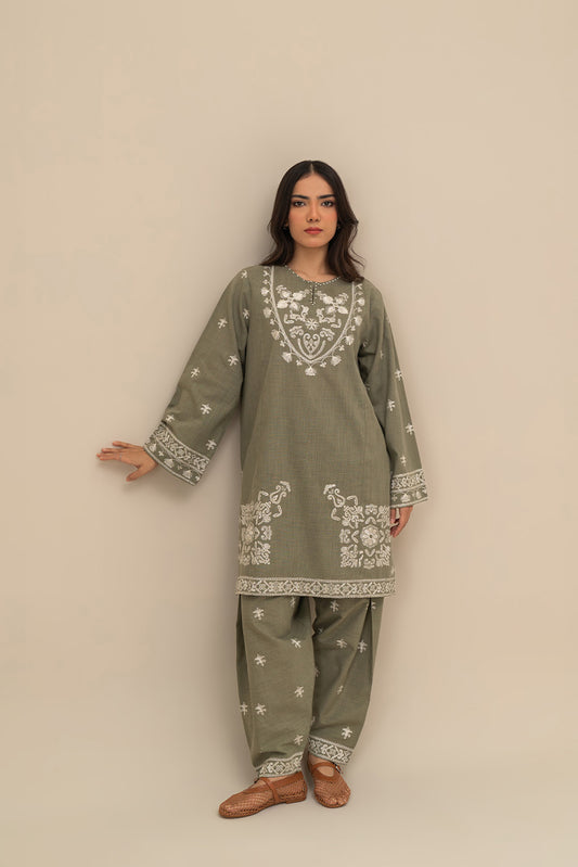 2 PIECE EMBROIDERED TWO WAY SLUB SUIT (PRET)