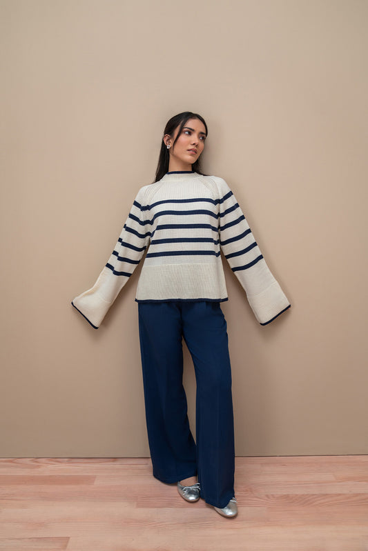 STRIPED MOCK NECK PULLOVER