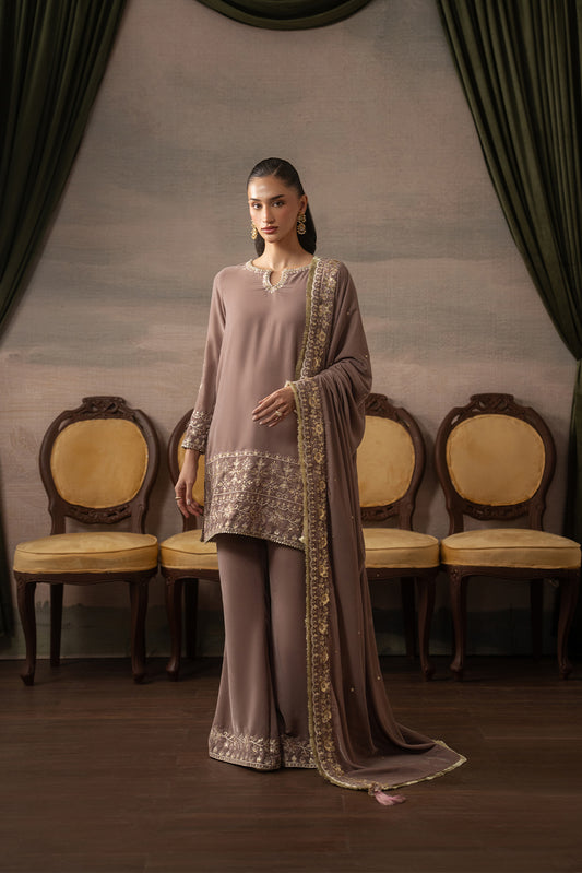 3 PIECE EMBROIDERED VELVET SUIT-ENCHANTED BLAZE ( LUXURY UNSTITCHED )
