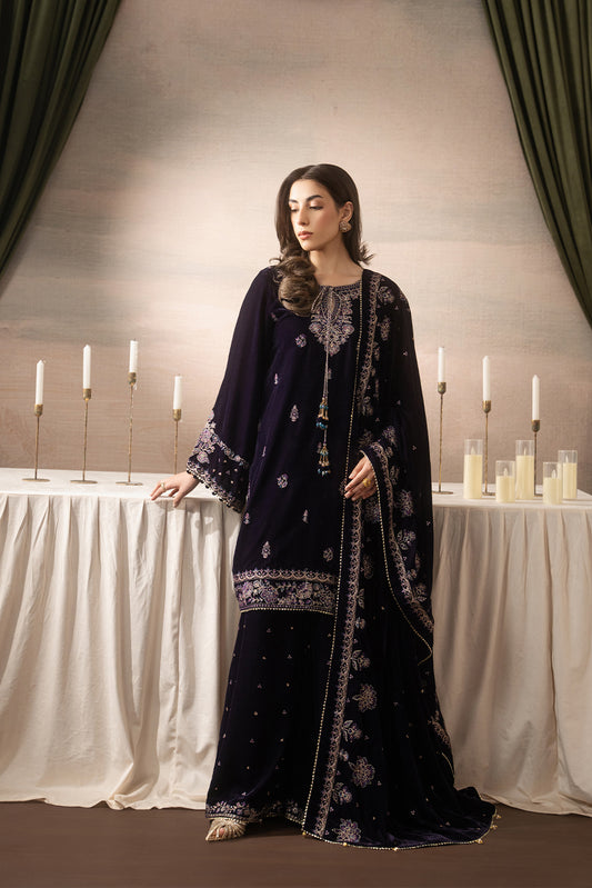 3 PIECE EMBROIDERED VELVET SUIT-MULBERRY DUSK ( LUXURY UNSTITCHED )