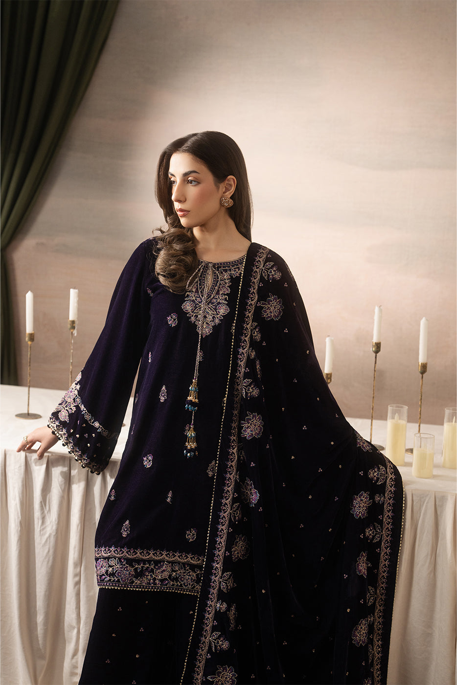 3 PIECE EMBROIDERED VELVET SUIT-MULBERRY DUSK ( LUXURY UNSTITCHED )