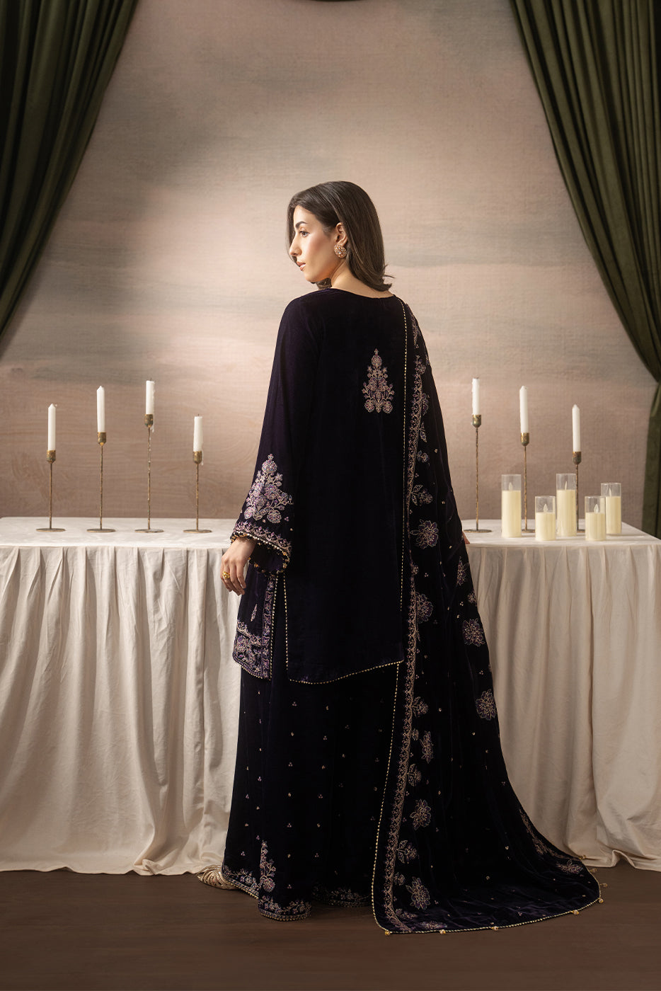 3 PIECE EMBROIDERED VELVET SUIT-MULBERRY DUSK ( LUXURY UNSTITCHED )