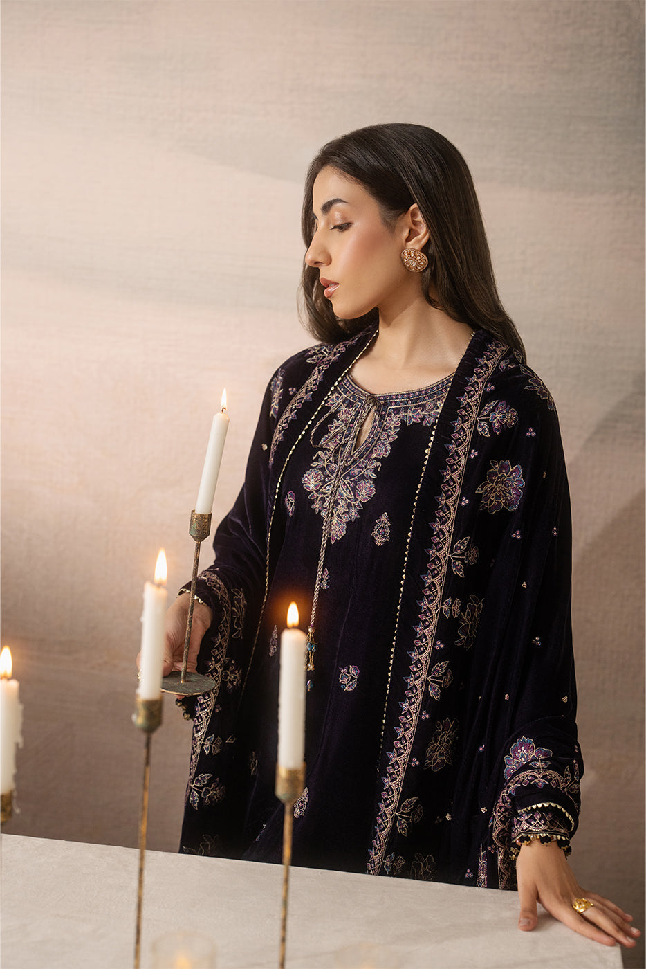 3 PIECE EMBROIDERED VELVET SUIT-MULBERRY DUSK ( LUXURY UNSTITCHED )