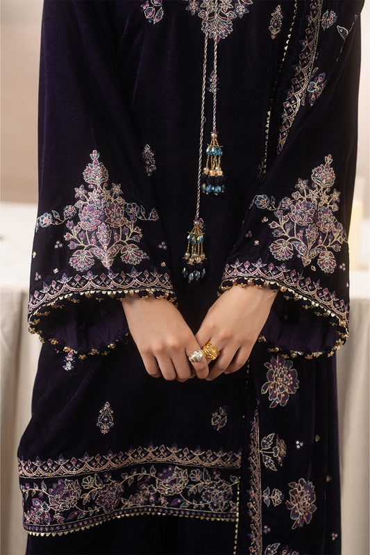 3 PIECE EMBROIDERED VELVET SUIT-MULBERRY DUSK ( LUXURY UNSTITCHED )