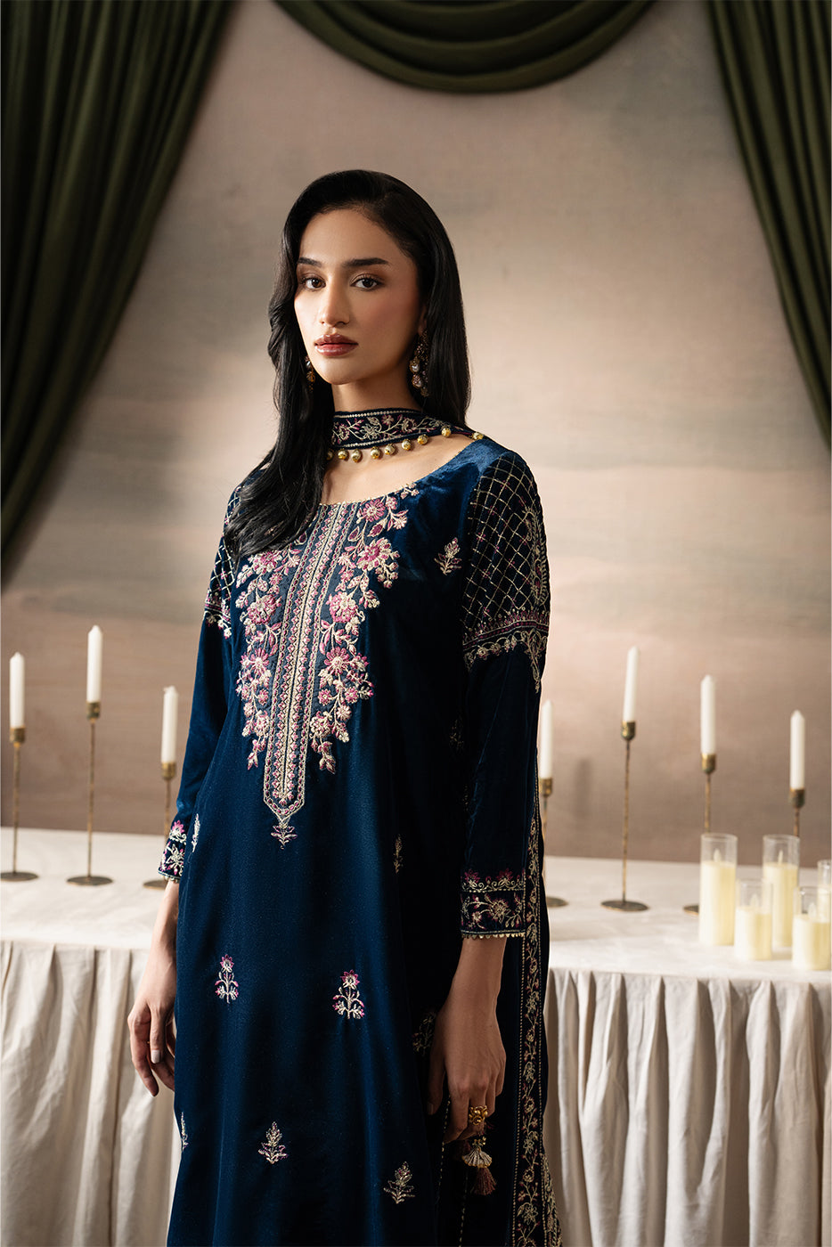 3 PIECE EMBROIDERED VELVET SUIT-IMPERIALIST SONG ( LUXURY UNSTITCHED )
