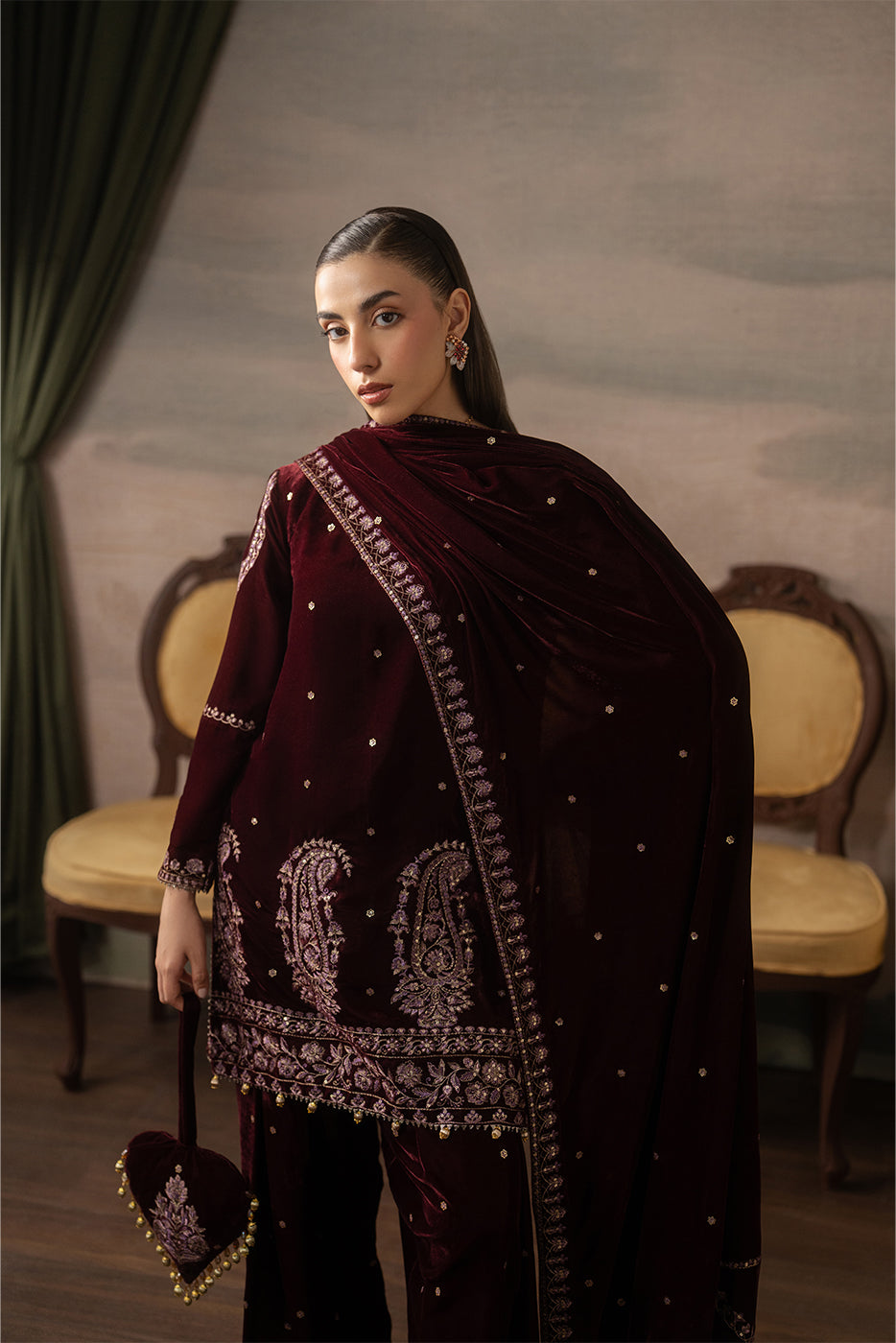3 PIECE EMBROIDERED VELVET SUIT-FAUX FEMME ( LUXURY UNSTITCHED )