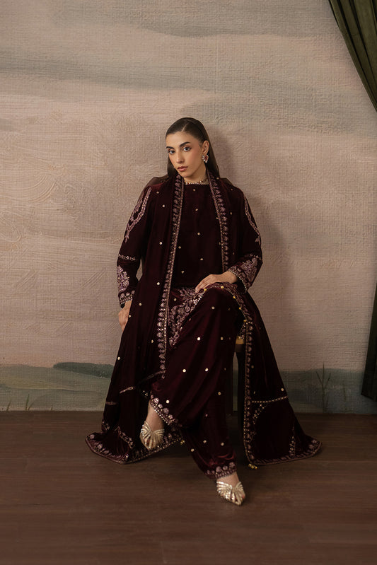 3 PIECE EMBROIDERED VELVET SUIT-FAUX FEMME ( LUXURY UNSTITCHED )