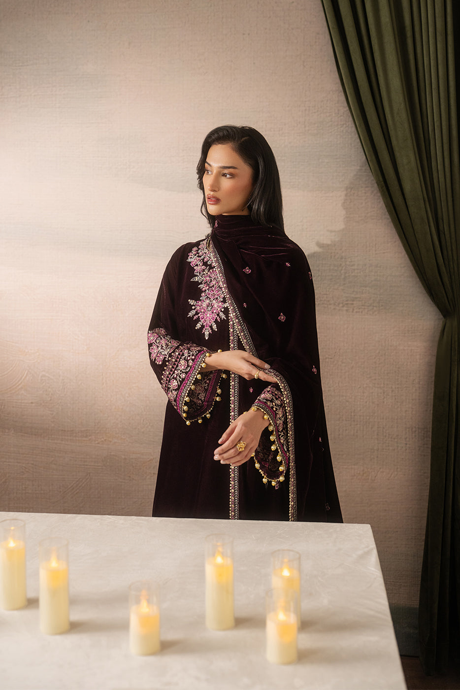 3 PIECE EMBROIDERED VELVET SUIT-DEEP INFERNO ( LUXURY UNSTITCHED )