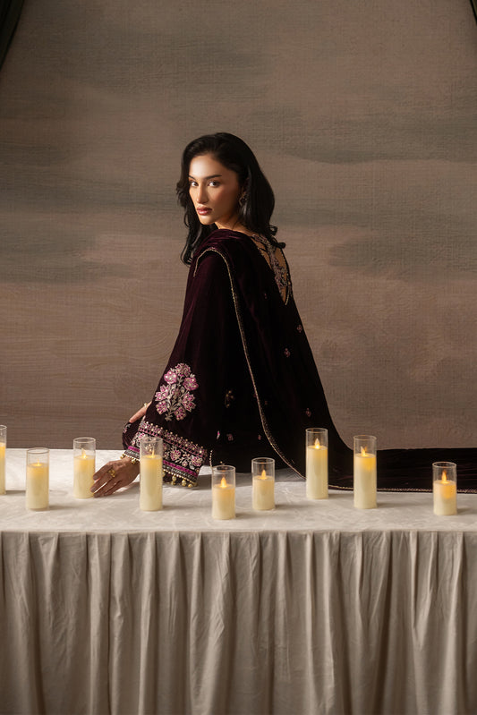 3 PIECE EMBROIDERED VELVET SUIT-DEEP INFERNO ( LUXURY UNSTITCHED )