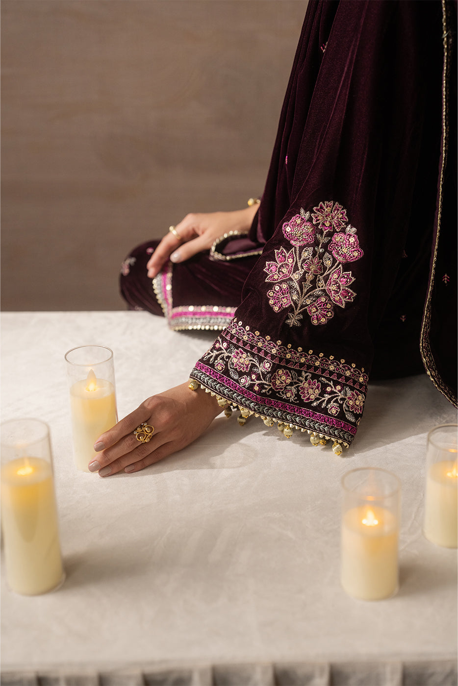 3 PIECE EMBROIDERED VELVET SUIT-DEEP INFERNO ( LUXURY UNSTITCHED )
