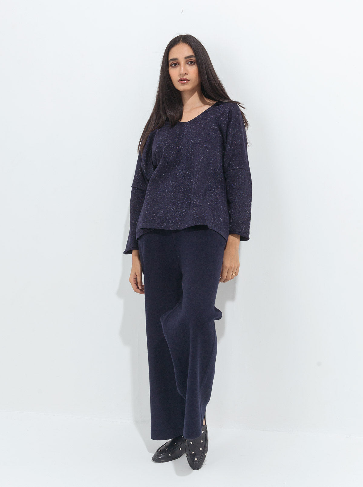 NAVY SHIMMER FINE KNIT TOP