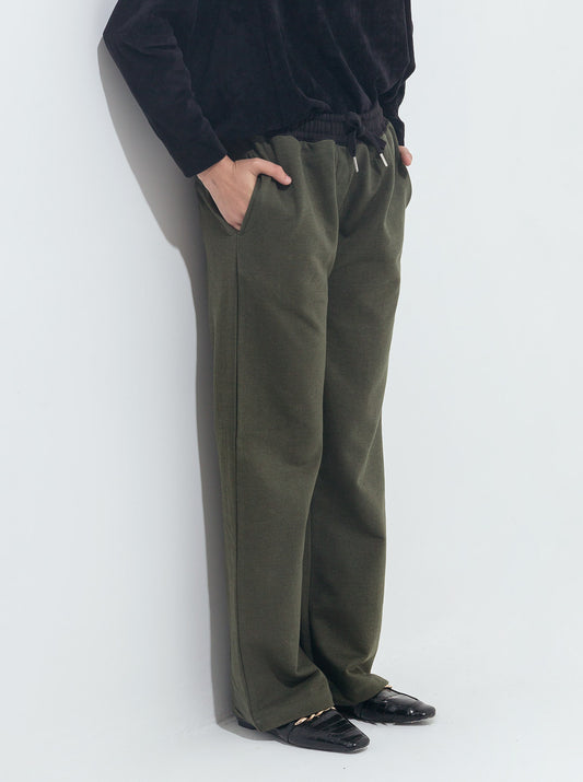 OLIVE GREEN CONTRAST WAIST-BELT FLEECE PANTS