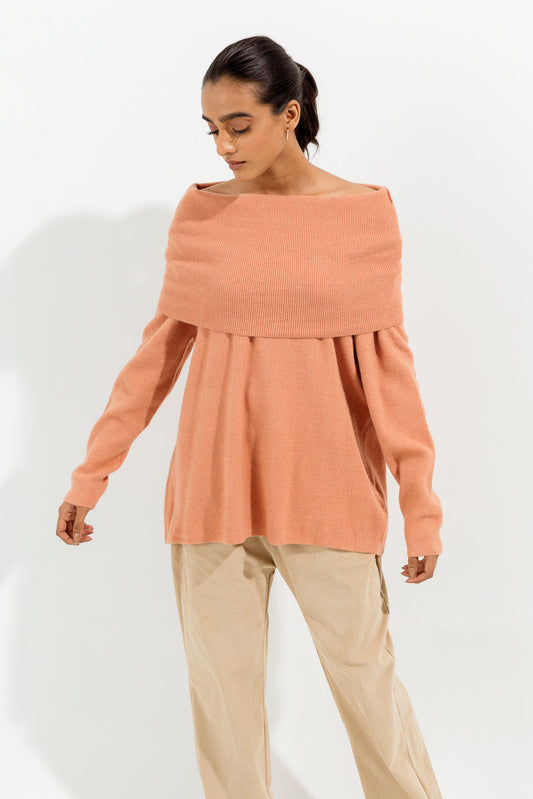 LIGHT CORAL OFFSHOULDER SWEATER