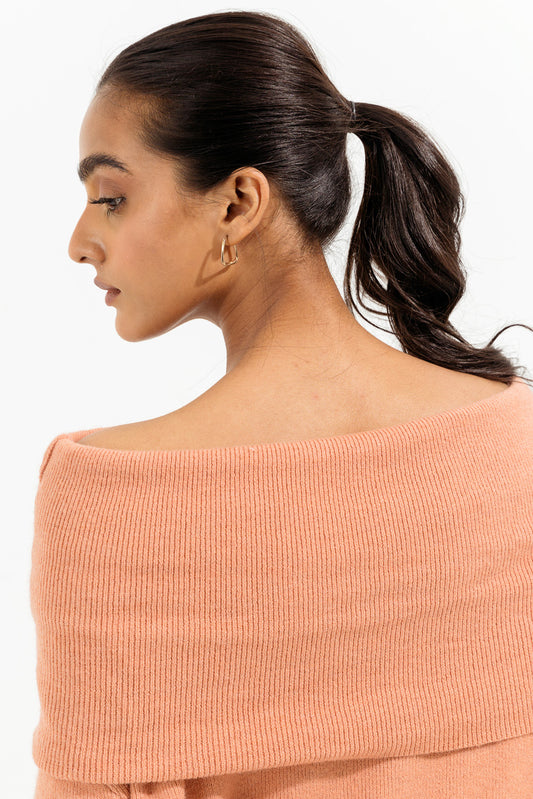 LIGHT CORAL OFFSHOULDER SWEATER