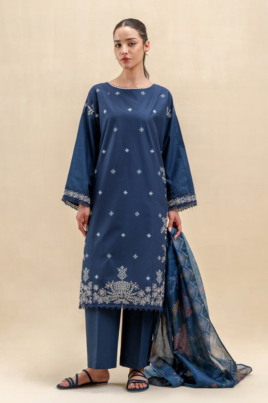 3 PIECE EMBROIDERED LAWN SUIT-NAVY AURA (UNSTITCHED)