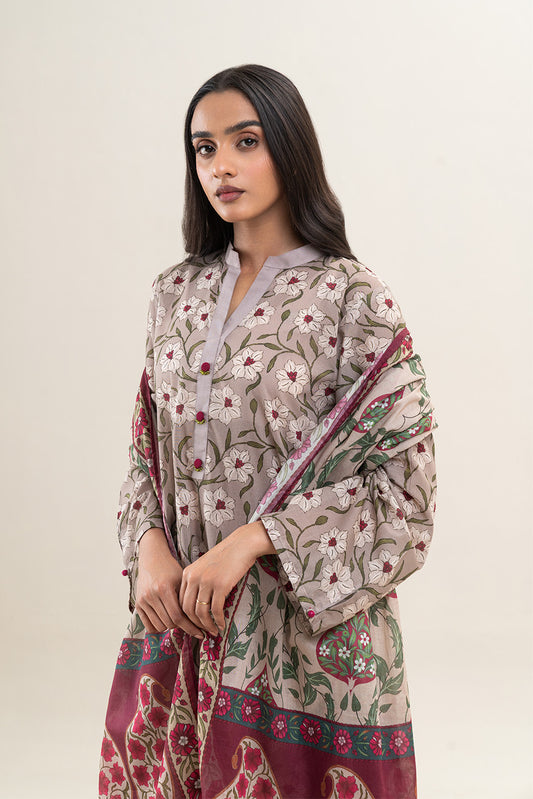3 PIECE PRINTED LAWN SUIT-FOSSIL FLORA (UNSTITCHED)