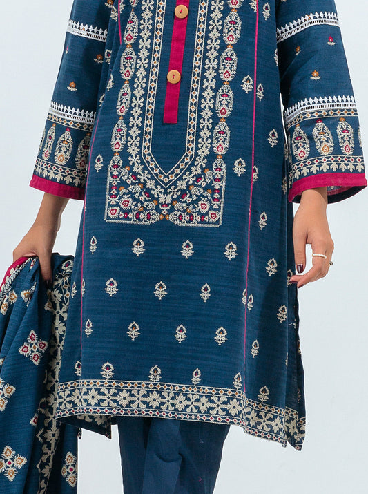 3 PIECE - PRINTED KHADDAR SUIT - BLUE BROCADE MORBAGH WN_21   