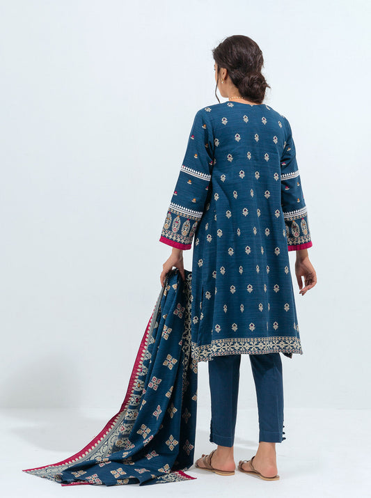 3 PIECE - PRINTED KHADDAR SUIT - BLUE BROCADE MORBAGH WN_21   