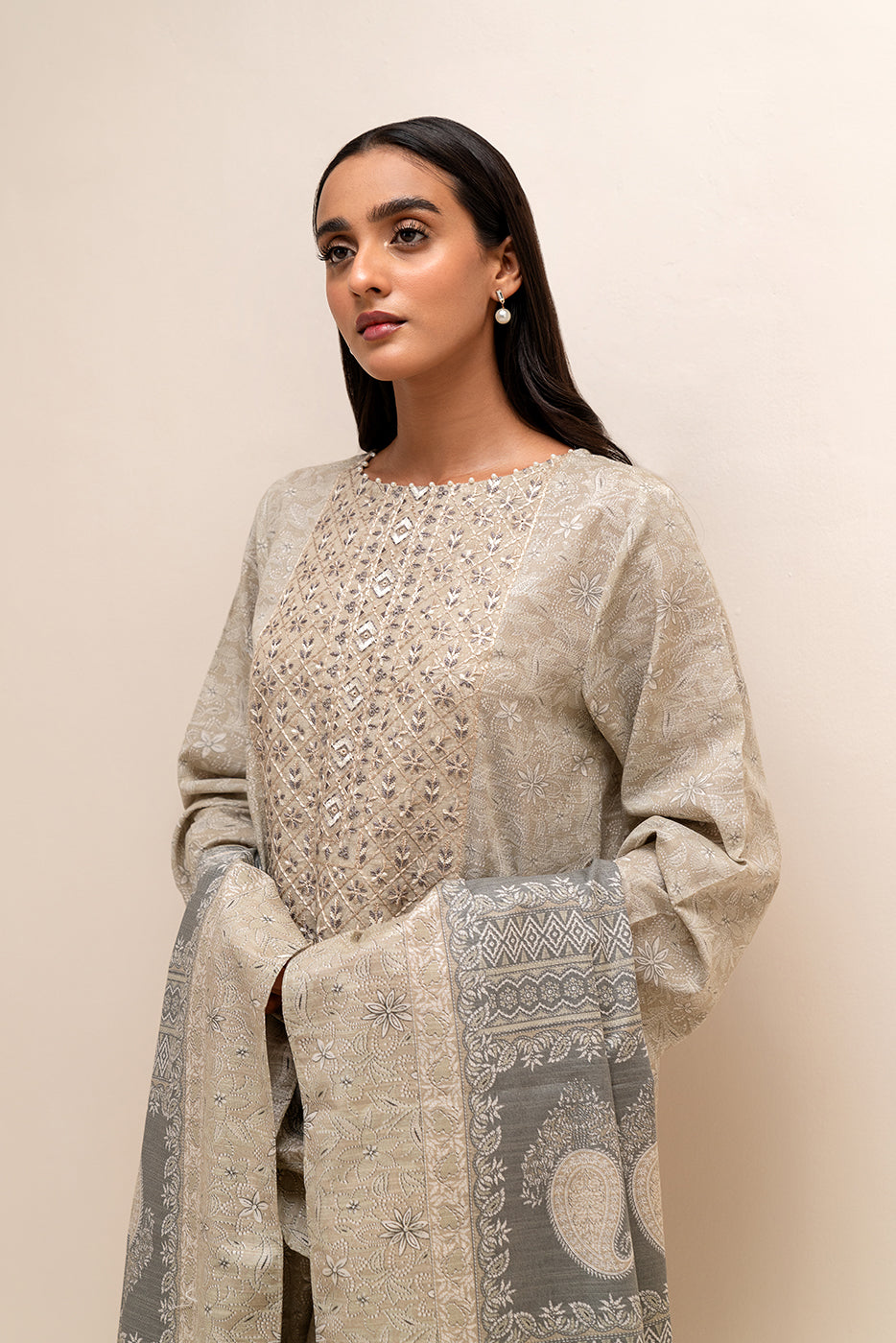 3 PIECE EMBROIDERED KHADDAR SUIT-WHISPERING BEIGE (UNSTITCHED)
